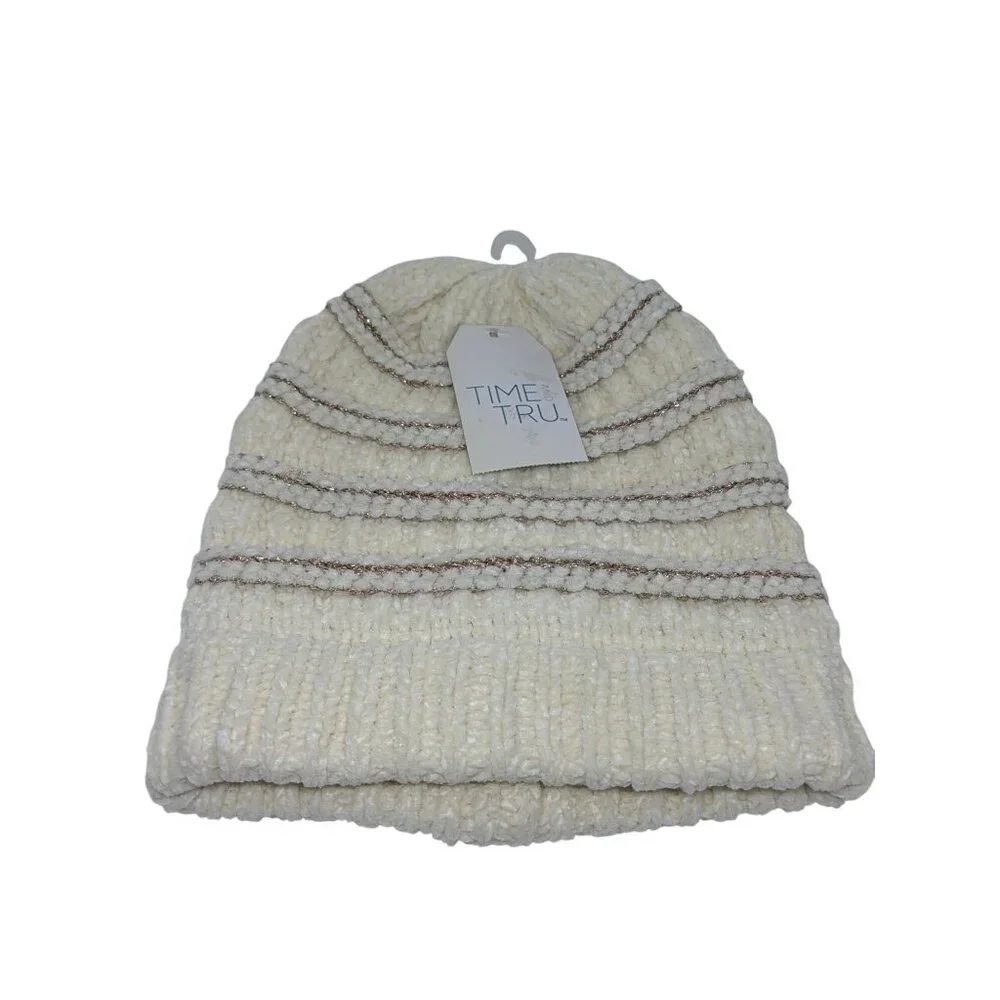 NWT Time and Tru Cream Beanie Hat One Size Metallic Stripe Knit Cozy Winter Cap‎